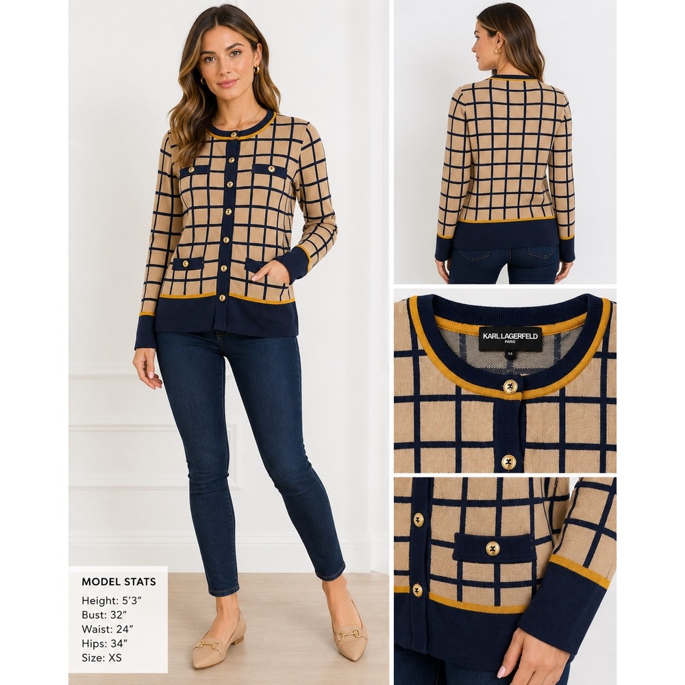 Karl Lagerfeld‎ Paris Women Windowpane Plaid Button Front Cardigan Tan Navy XS